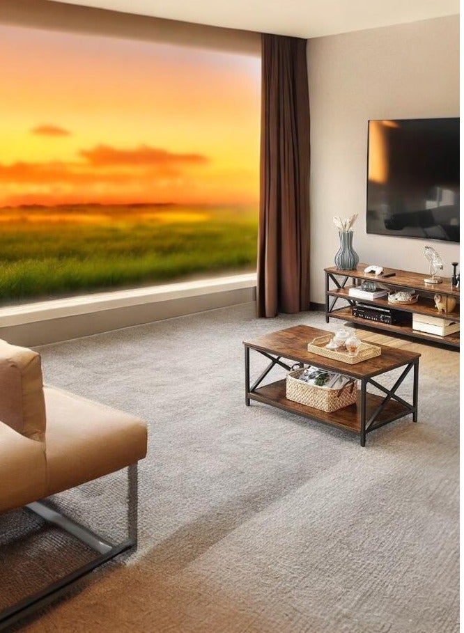 إكسبرت طاولة قهوة ، طاولة غرفة المعيشة ، مع إطار فولاذي على شكل X ورف تخزين ، 100x55x45 سم ، نمط صناعي ، بني ريفي - Image 5